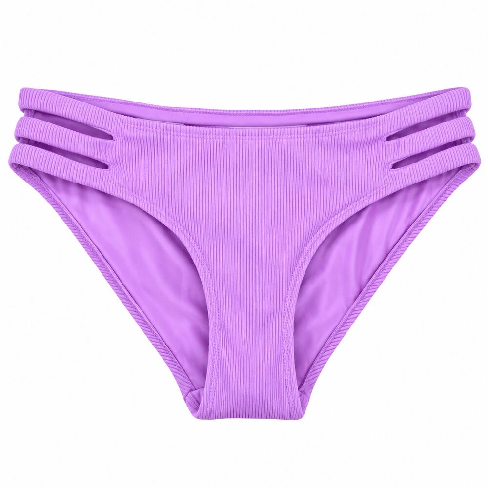 Becca Womens XS Purple Ribbed Strappy Cutout Hipster Bikini Bottom Swimwear Luxe